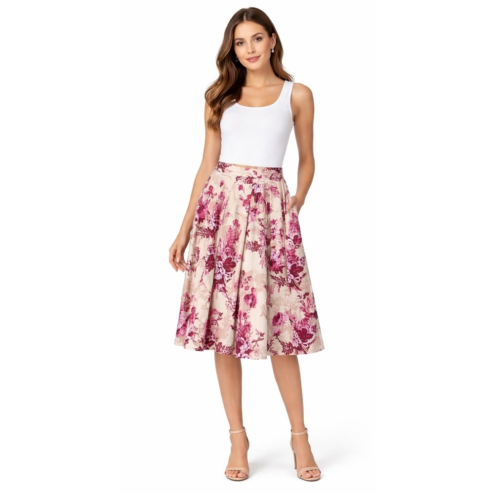 Alex Marie Floral Pleated‎ Midi Skirt Womens 10 Pink Burgundy Boho Cottagecore